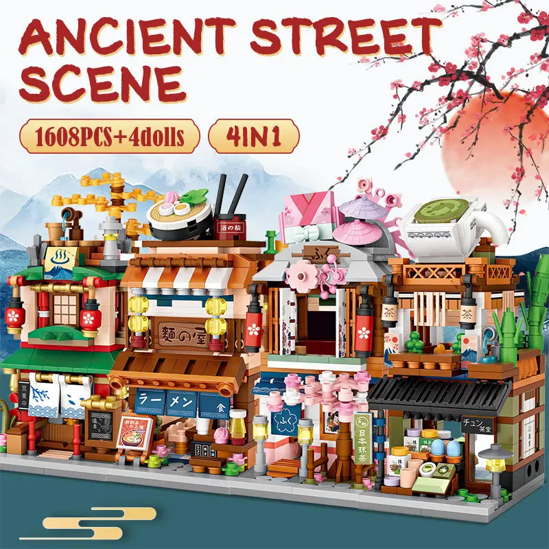 Bouwpakket Mini Stadshuisjes – Japans Straatbeeld met 4-in-1 Blokkenset