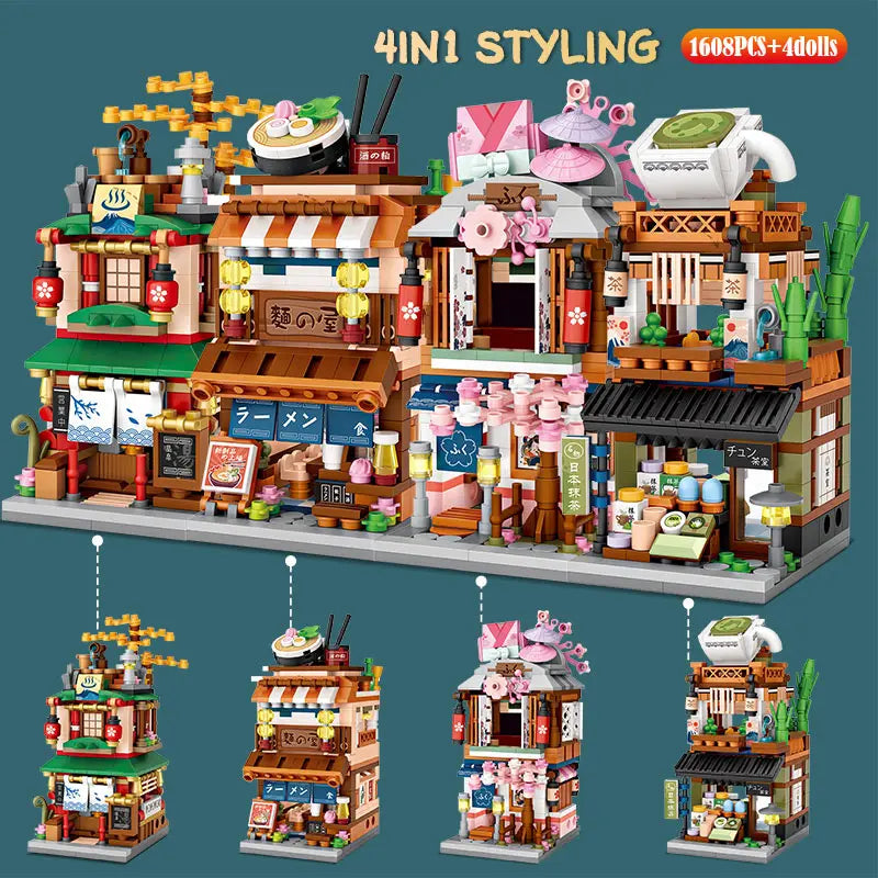 Bouwpakket Mini Stadshuisjes – Japans Straatbeeld met 4-in-1 Blokkenset