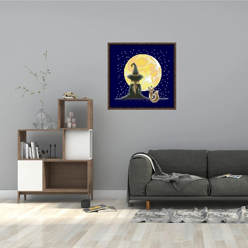 Borduur pakket Kleine heks onder de maan op donkerblauw canvas