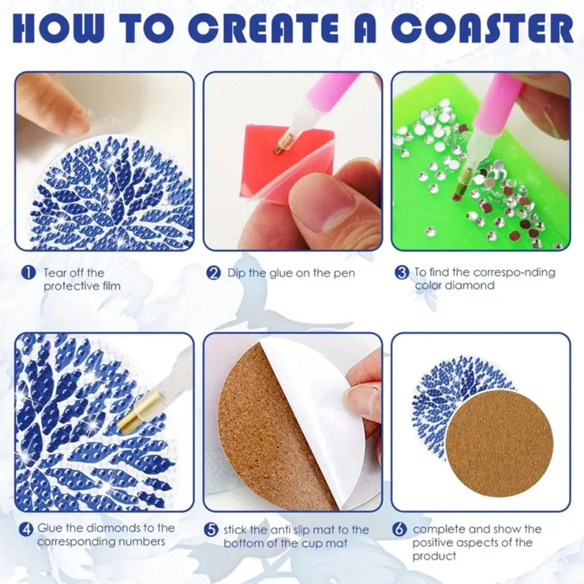 Diamond Painting Onderzetters - 8-delige Set met Blauw-Wit Porselein Patroon + houder