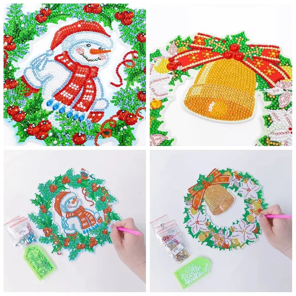 Diamond Painting Kerstkrans – Acryl Kerstdecoratie met Sneeuwpop – 23x23cm – Wandhanger