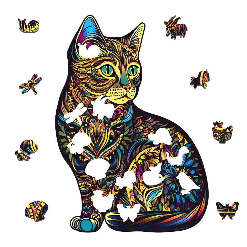 Houten figuren puzzel kleurrijke kat uniek cadeau voor volwassenen