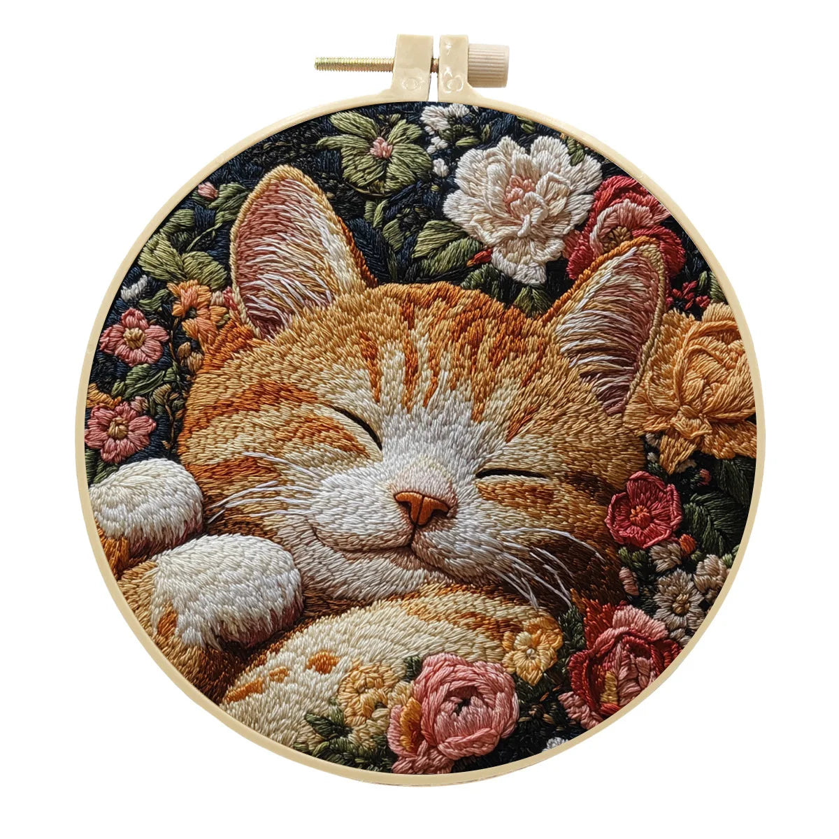Borduurpakket rond kat en bloemen zwart patroon voor wanddecoratie