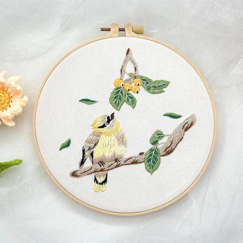 Borduurpakket rond - Bloemen en vogels starterset kruissteek voor beginners
