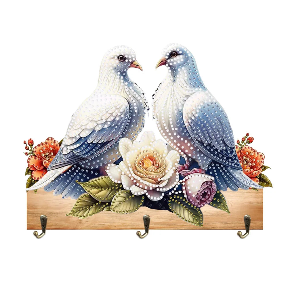 Diamond Painting Kapstok/Sleutelrek – Houten Haakjes met Schattige Vogel