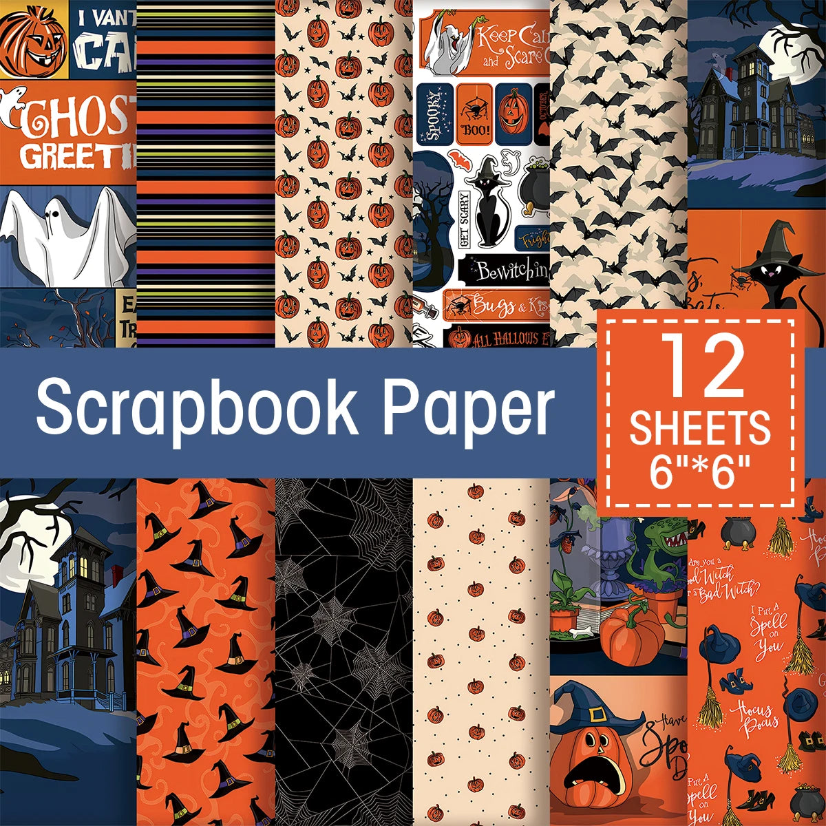 Halloween Scrapbook Papierblok - 12 Vellen, 15x15 cm, Enkelzijdig