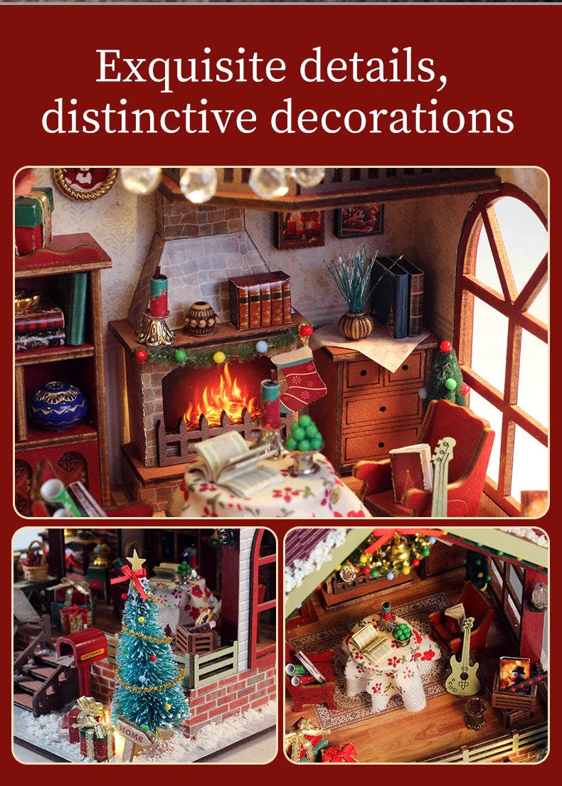 Kerst Zelfbouw miniatuur huisje Christmas Night – Warm interieur met muziekdoos