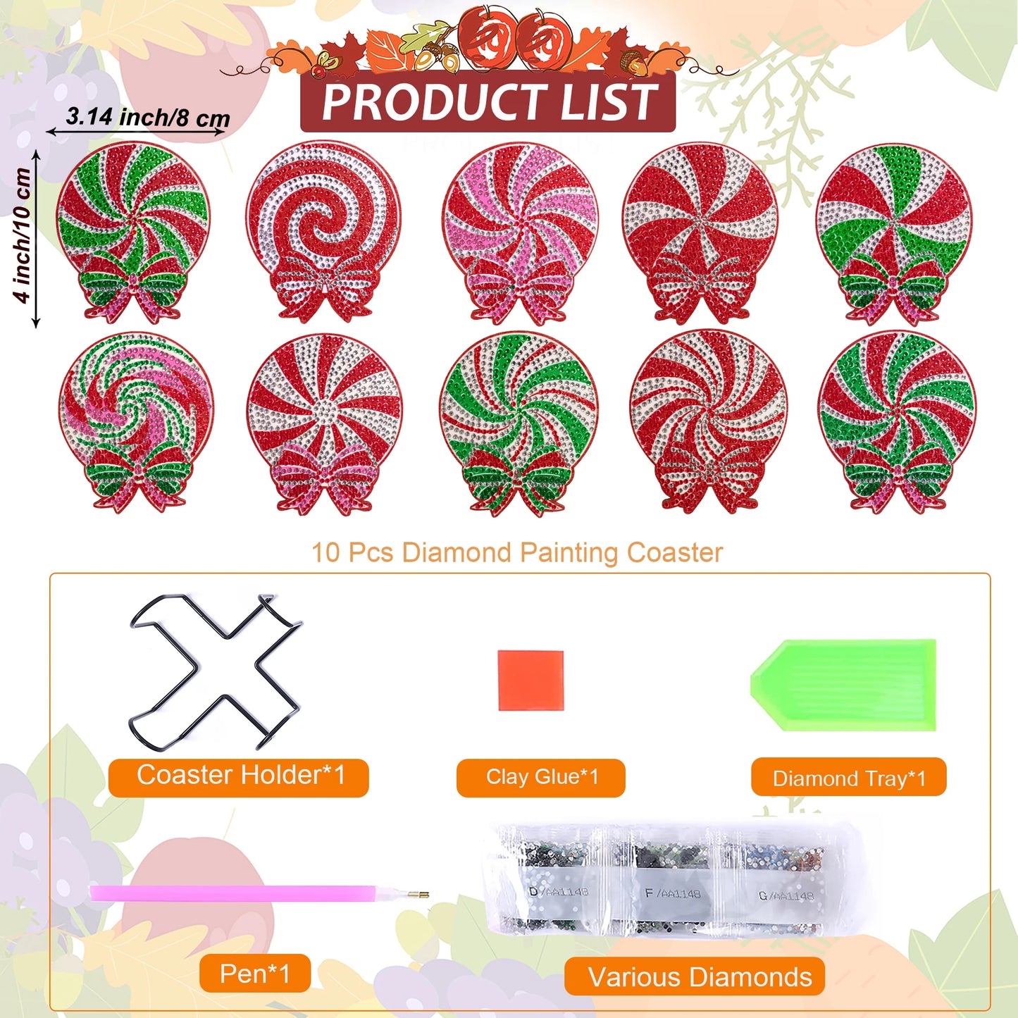 Diamond Painting Onderzetters Kerst Set – 10 Stuks met Houder - Snoep