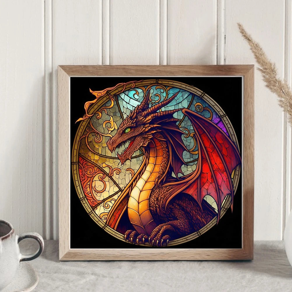 Borduurpakket glas-in-lood draak 40x40cm compleet met garen en patroon