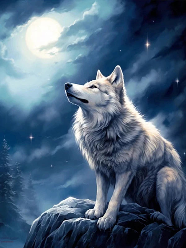 AB Diamond Painting op canvas – Wolf bij Maan en Bergen – Volledige bedekking – Keuze uit ronde of vierkante AB/Fairydust steentjes