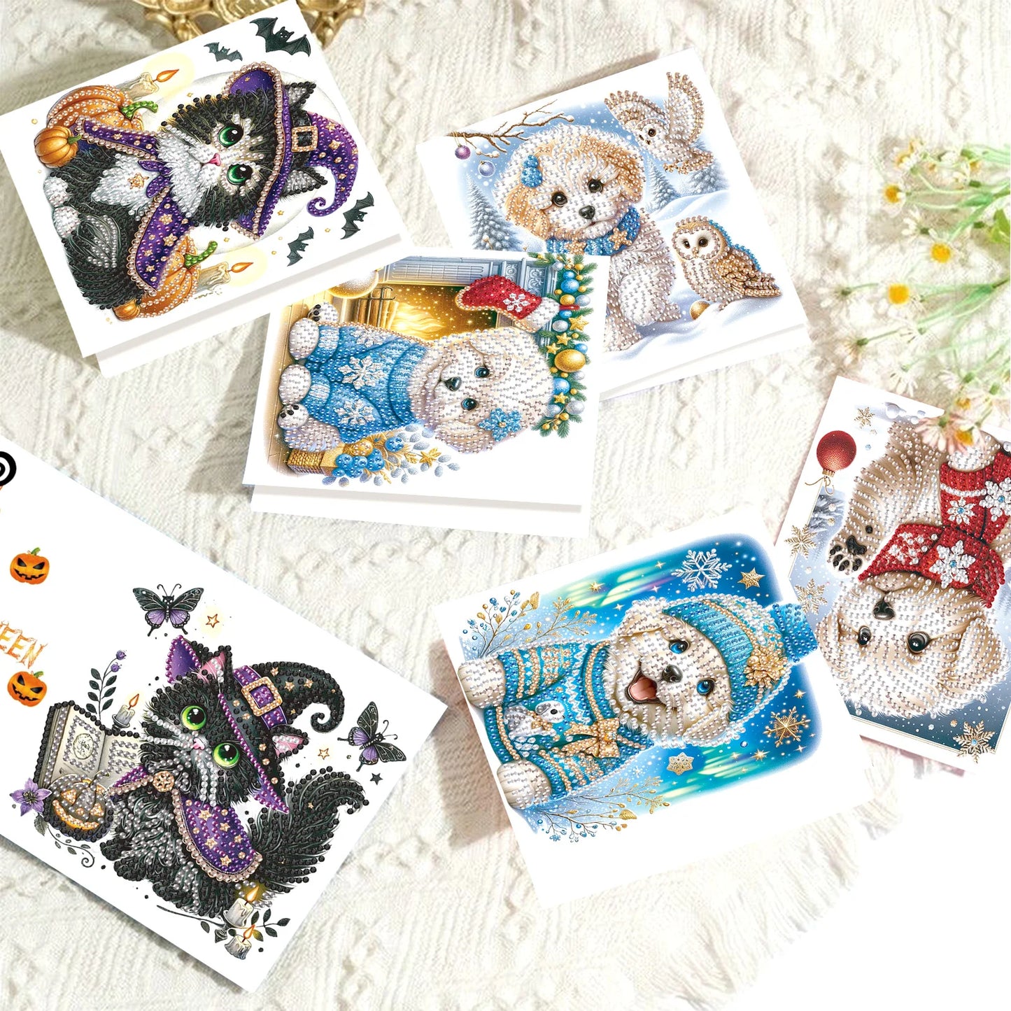 Diamond Painting Wenskaarten set - Katten en Honden (8 stuks)