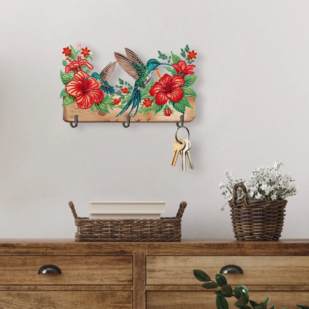 Diamond Painting Kapstok/Sleutelrek - Houten Libelle & Bloemen met Steentjes