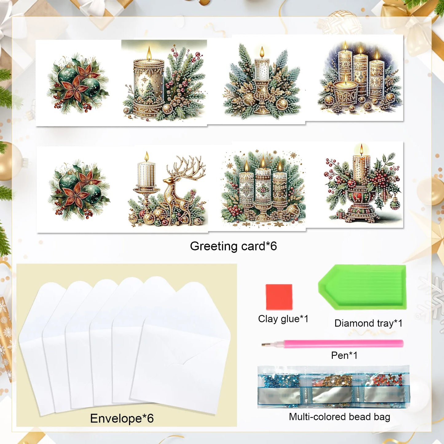 Diamond Painting Kerstkaarten set – 6 luxe kerstkaarten met enveloppen