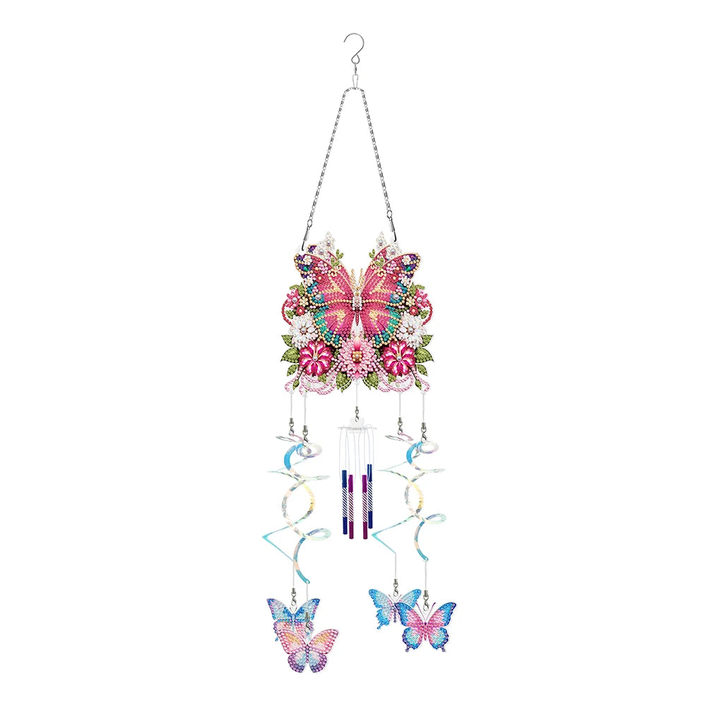 Diamond Painting Windgong met Bloemen, vlinder en Libelle – Dubbelzijdige Hanger met Diamond Painting Steentjes