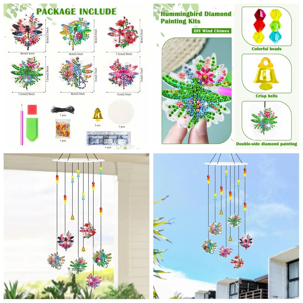 Diamond Painting Windgong Vlinders, Kolibrie en Libelle met Klokjes – Dubbelzijdig