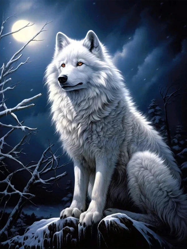 AB Diamond Painting op canvas – Wolf bij Maan en Bergen – Volledige bedekking – Keuze uit ronde of vierkante AB/Fairydust steentjes