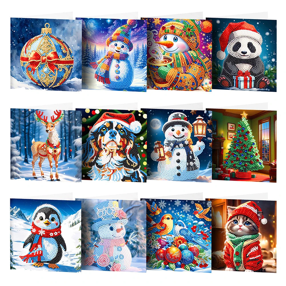 Diamond Painting Kerstkaarten dieren – set van 12 kerstkaarten met steentjes