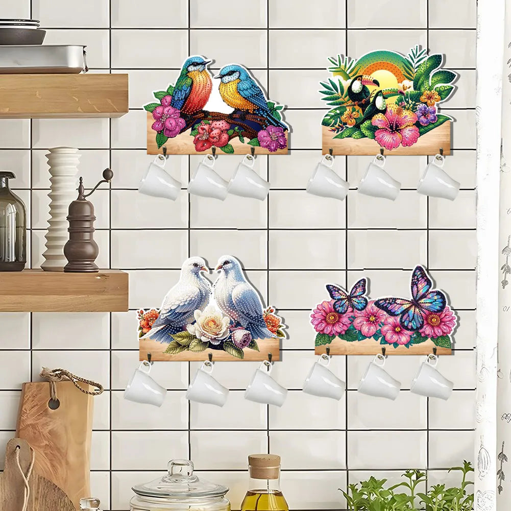 Diamond Painting Kapstok/Sleutelrek – Houten Haakjes met Schattige Vogel