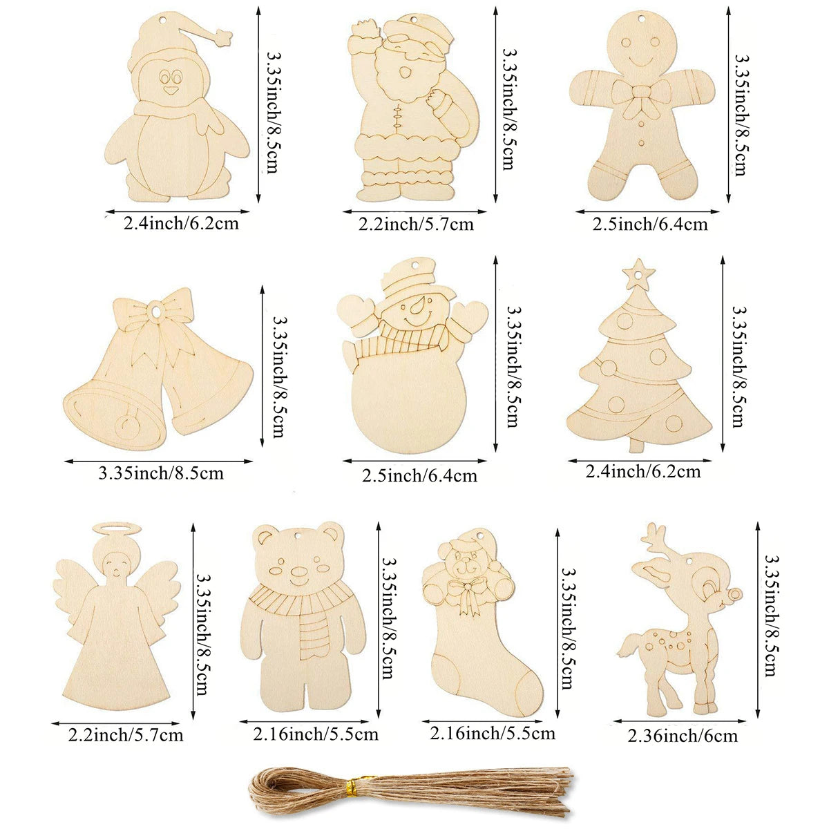 Houten figuur om zelf te kleuren/schilderen – kerstornamenten set (10 stuks)