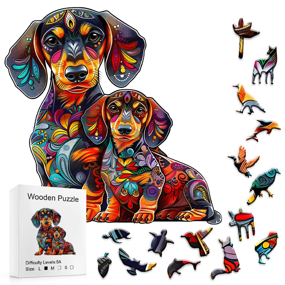 Houten figuren puzzel Teckel - Unieke dierenvormige puzzel - Magische houten puzzel van een hond