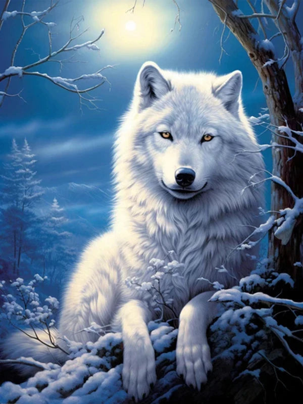 AB Diamond Painting op canvas – Wolf bij Maan en Bergen – Volledige bedekking – Keuze uit ronde of vierkante AB/Fairydust steentjes