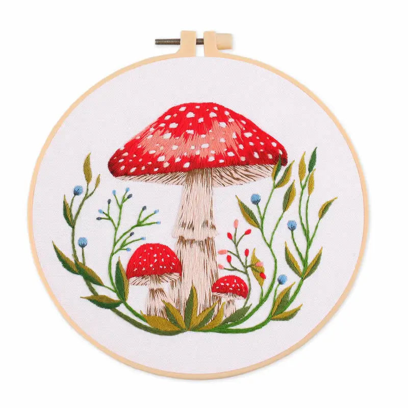 Borduurpakket Paddenstoel & Bloemen – Inclusief Borduurring (20 cm)