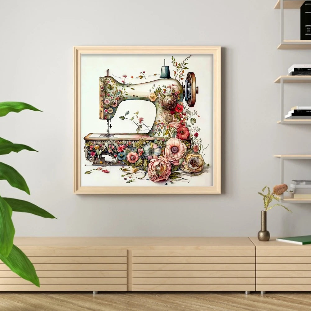 Borduurpakket Bloemmotief met Naaimachine – 40x40cm Complete Set