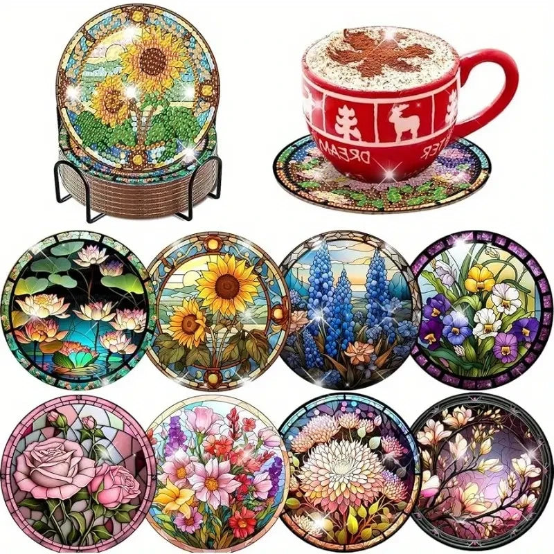 Diamond Painting Onderzetters Bloemen – Set van 8 met Houder