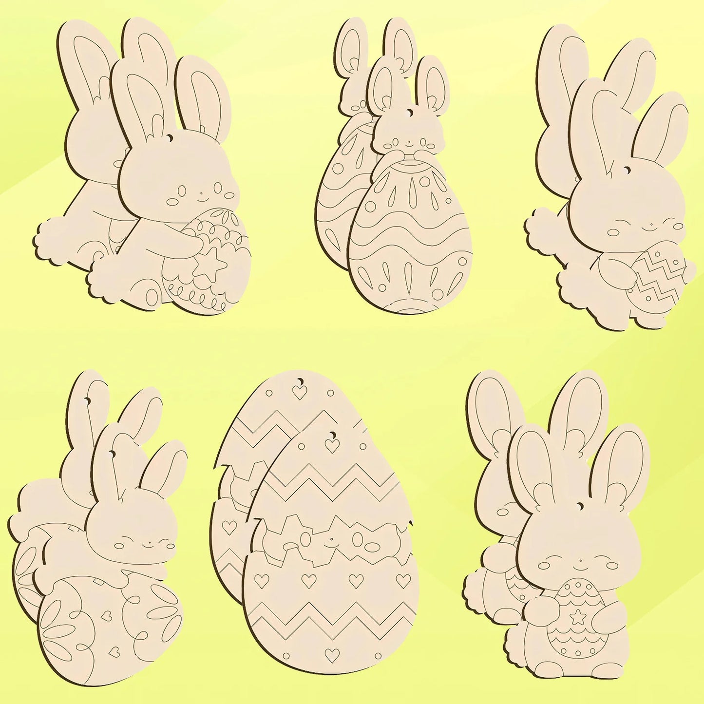 Houten Paas figuren om zelf te kleuren/schilderen – Konijn & Ei Hangers Set