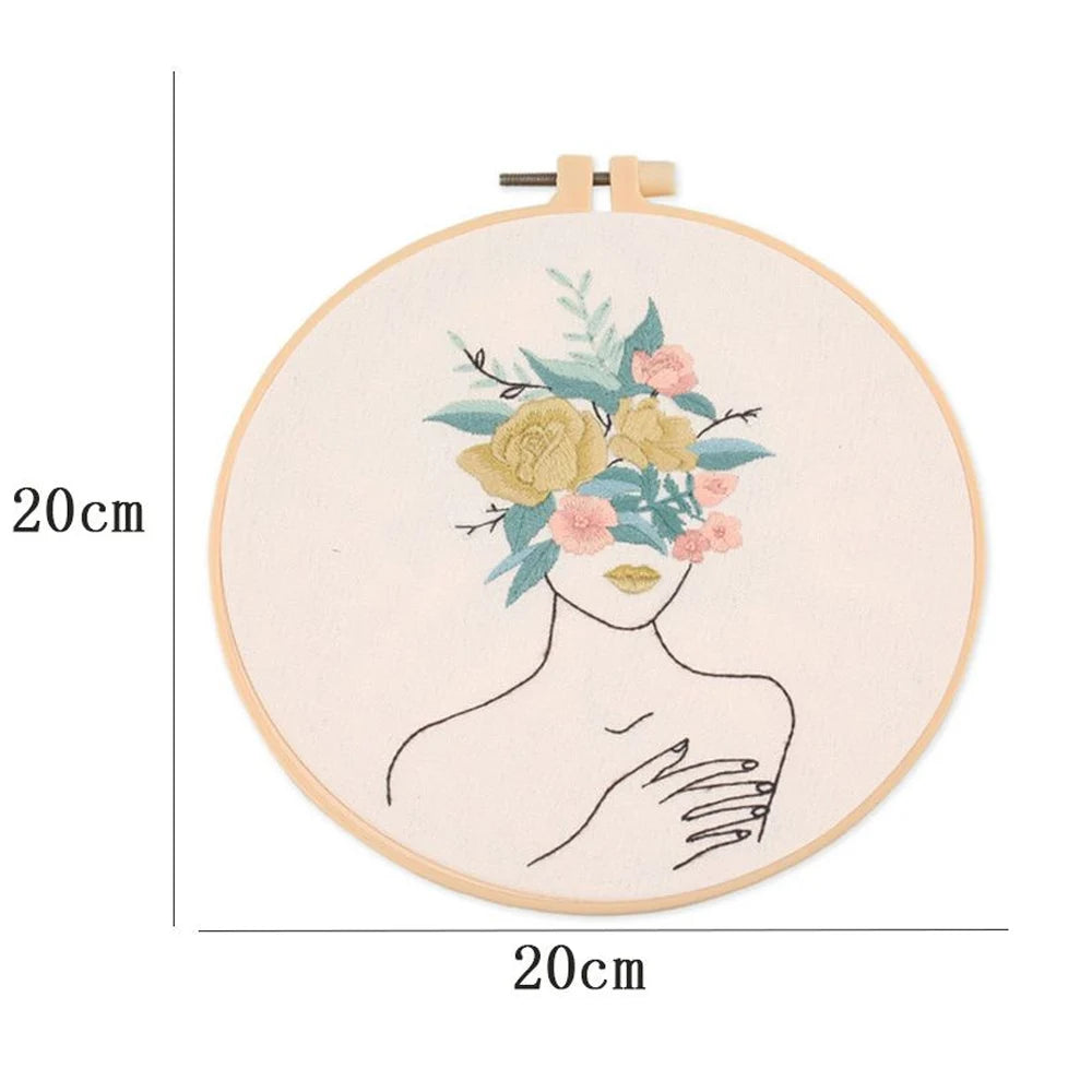 Borduurpakket Rond | Dame met Bloemen | Inclusief Garen en Naalden