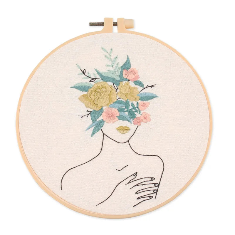 Borduurpakket Rond | Dame met Bloemen | Inclusief Garen en Naalden