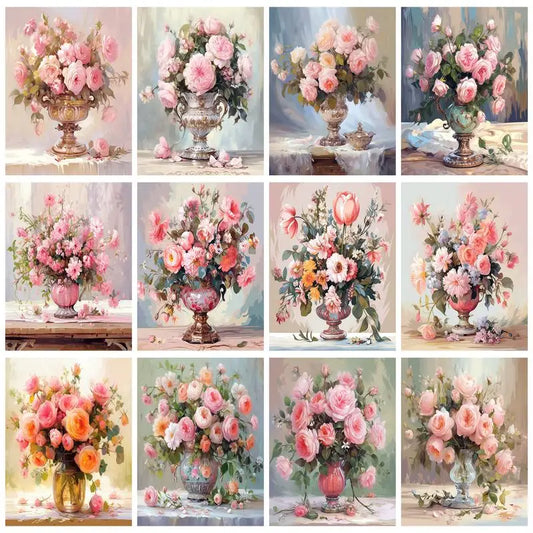 Schilderen op nummer Bloemen – Modern Bloemenontwerp op Linnen Canvas met Acrylverf