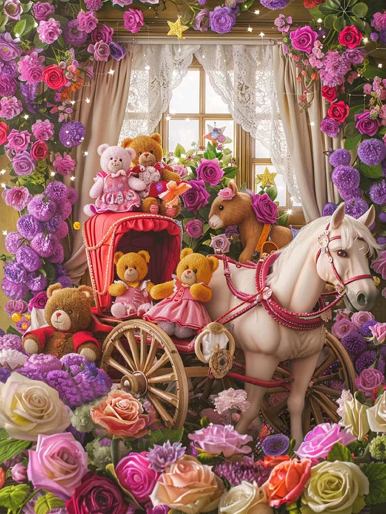 AB Diamond Painting op canvas – Fairy Dust Rozentuin met Koets en Beer