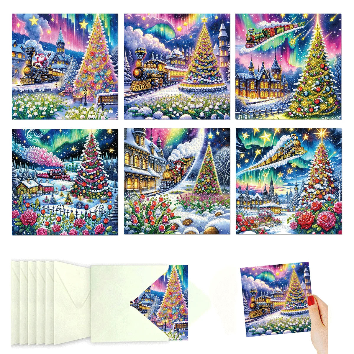 Diamond Painting Kerstkaarten set – 6 feestelijke wenskaarten - HK026
