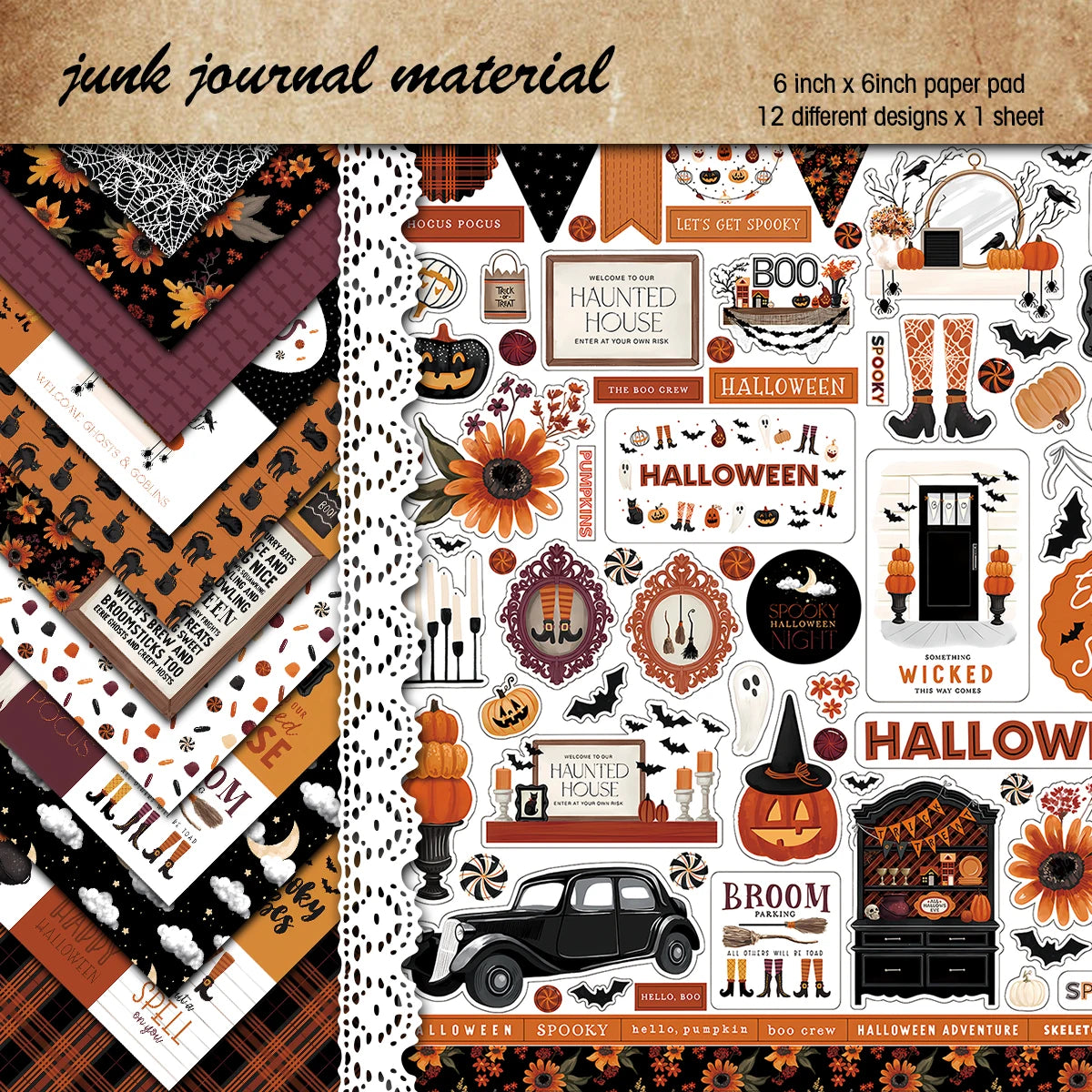Halloween Scrapbook Papierblok - 12 Vellen, 15x15 cm, Enkelzijdig