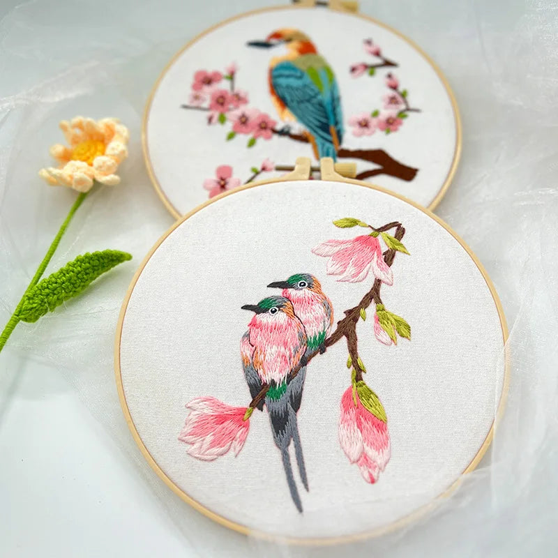 Borduurpakket rond - Bloemen en vogels starterset kruissteek voor beginners
