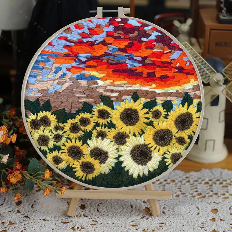 Borduurpakket Rond – Bloemenlandschap in 3D Kruissteek