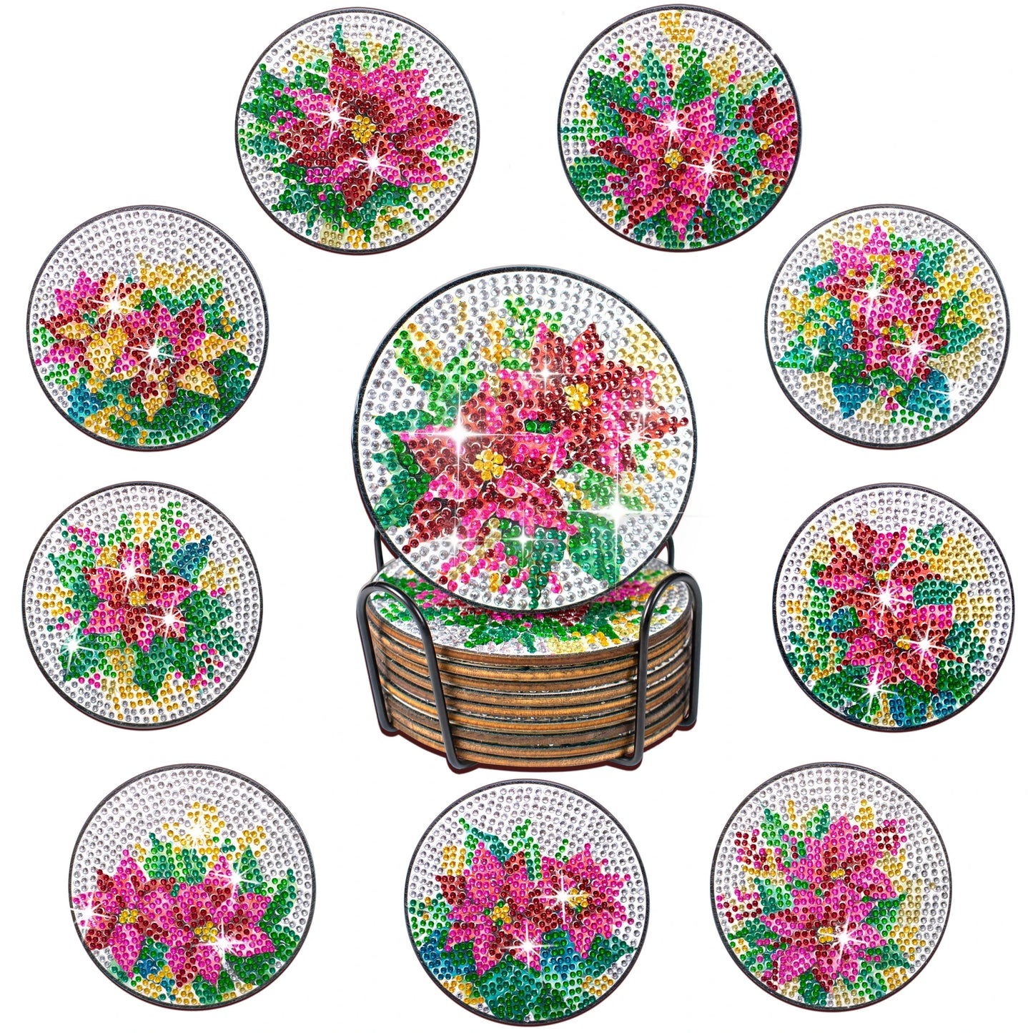 Diamond Painting Onderzetters Bloemen – Set van 10 met Houder