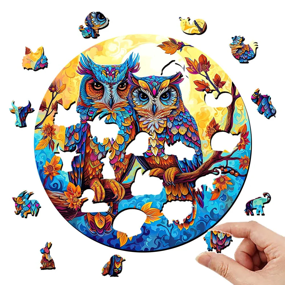 Houten figuren puzzel uil luxe geschenk unieke vorm uitdaging familieplezier