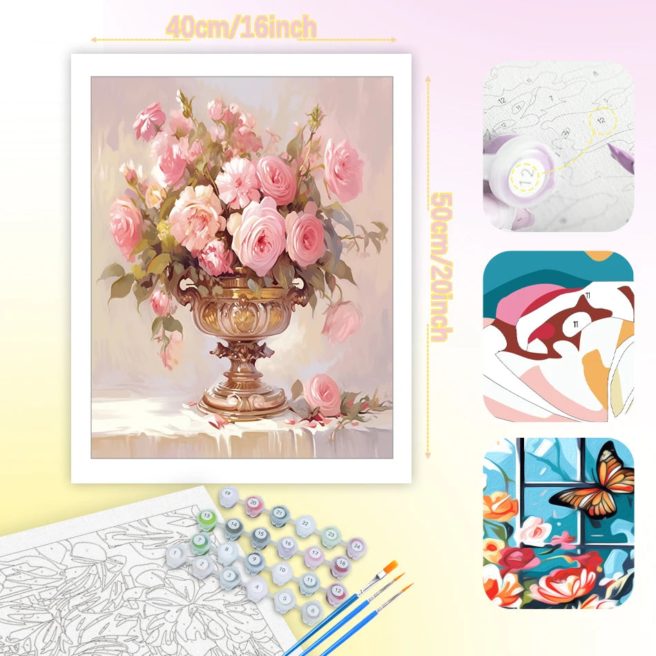 Schilderen op nummer Bloemen – Modern Bloemenontwerp op Linnen Canvas met Acrylverf