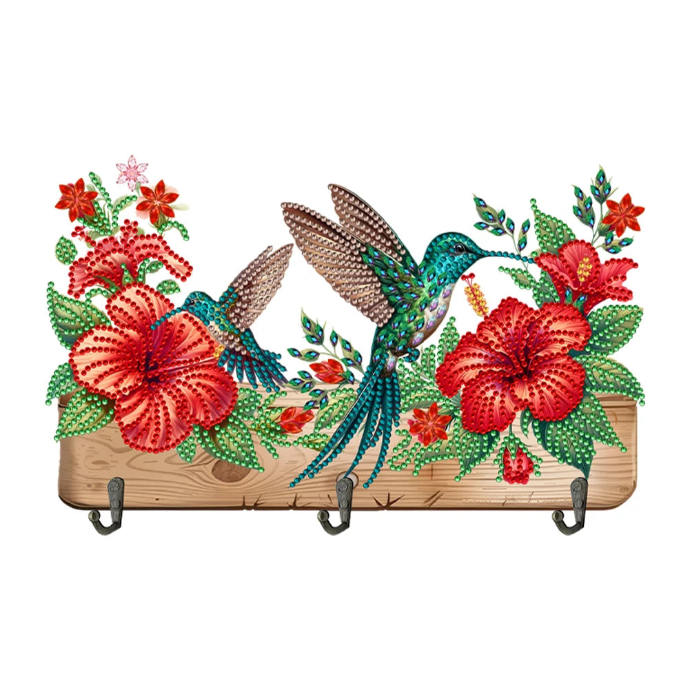 Diamond Painting Kapstok/Sleutelrek - Houten Libelle & Bloemen met Steentjes