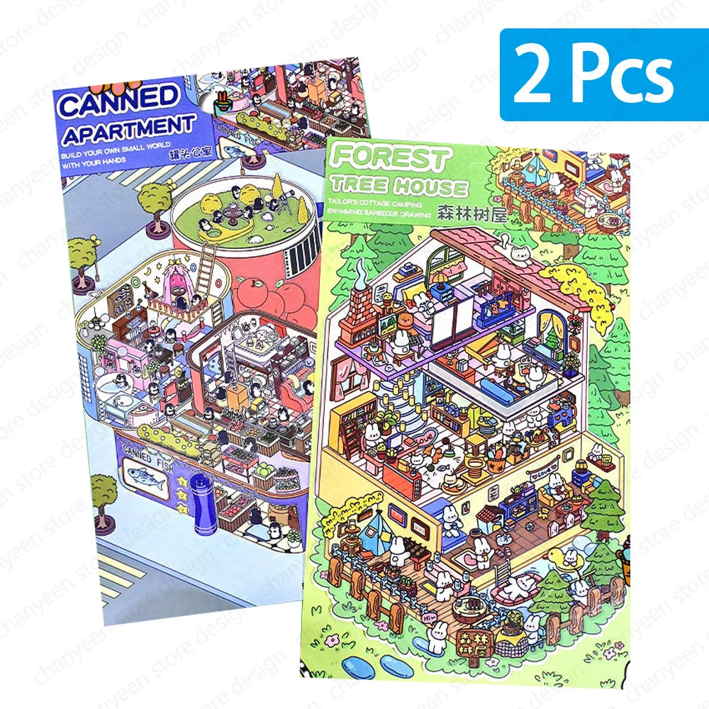 Sticker homestyling set cartoon konijn en pinguïn cabin scene interieurdecoratie