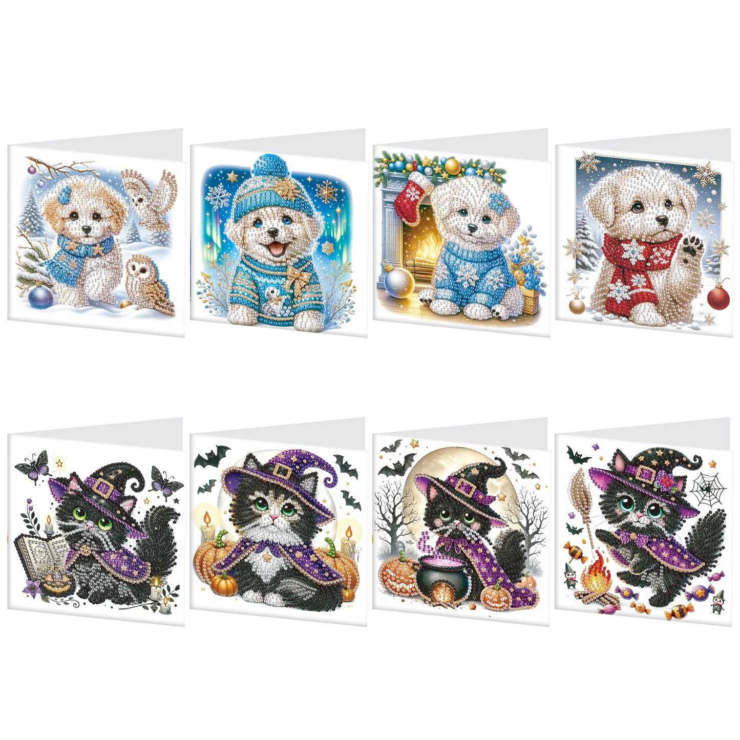 Diamond Painting Wenskaarten set - Katten en Honden (8 stuks)