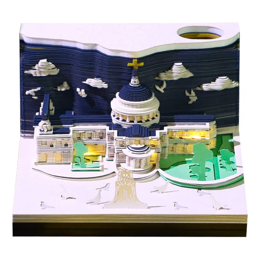 3D Papier Sculptuur Kathedraal LED Notitieblok met Pennenhouder – Creatieve Bureaudecoratie - 2025
