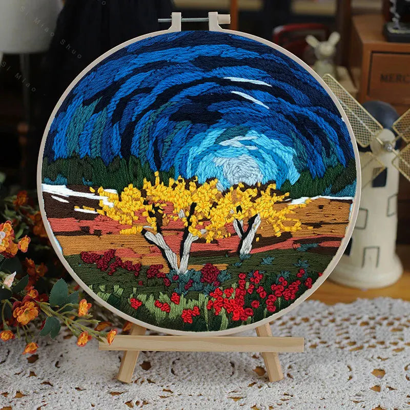 Borduurpakket Rond – Bloemenlandschap in 3D Kruissteek