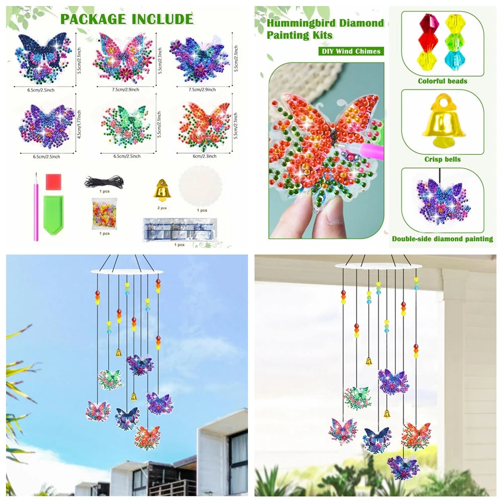 Diamond Painting Windgong Vlinders, Kolibrie en Libelle met Klokjes – Dubbelzijdig