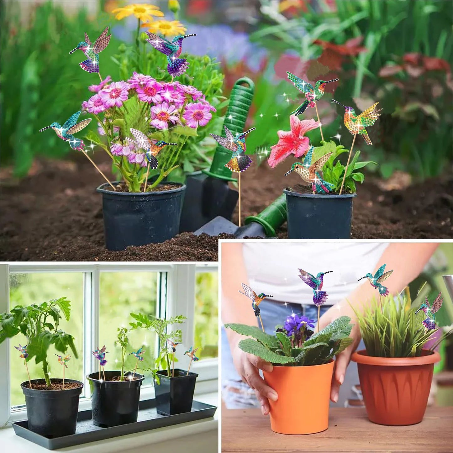 Diamond Painting Plantenstekers Kolibrie Set van Acht voor Potten