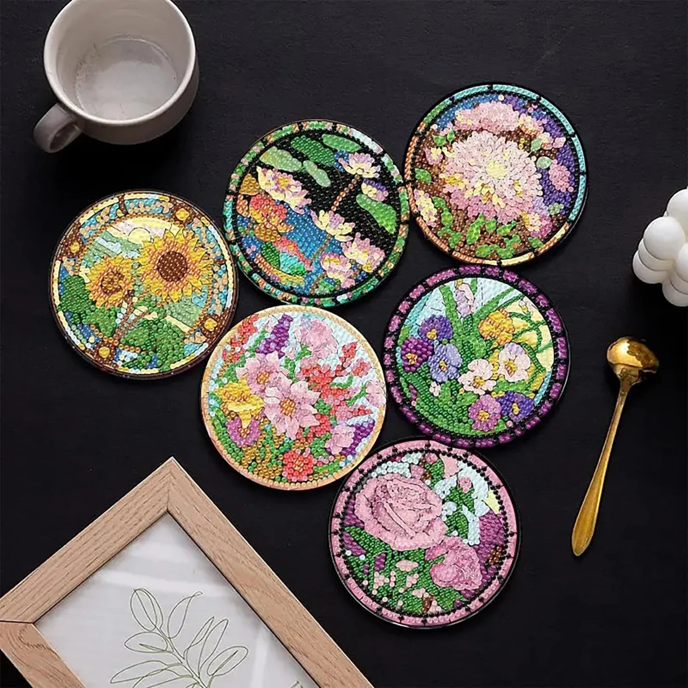 Diamond Painting Onderzetters Bloemen – Set van 8 met Houder