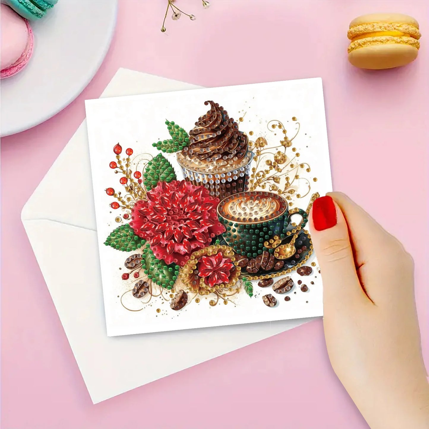 Diamond Painting Wenskaarten Set - Koffie Thema, Zegeningen en Wensen (6 Stuks)
