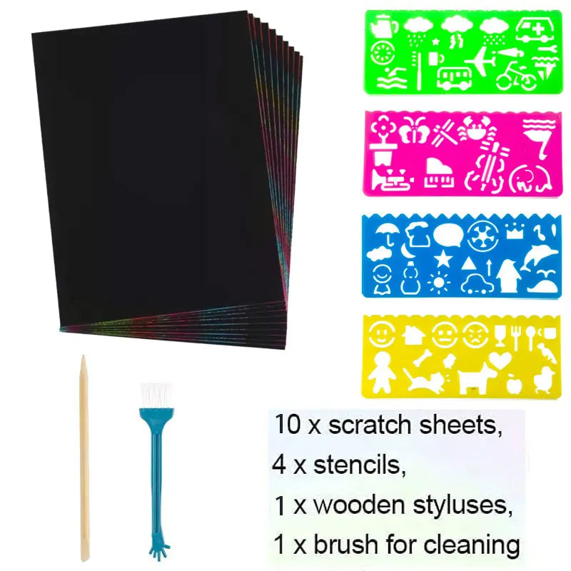 Krastekeningen set 60-delig Regenboog Scratch Art Papier met Sjablonen